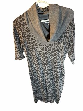 Express Design Studio Gray Leopard Print Cowl Neck Sweater Dress - M